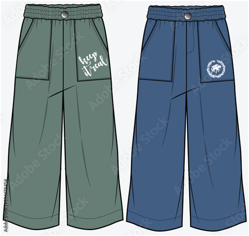 UTILITY POCKET DETAIL WIDE LEG TROUSER FASHION FLAT DESIGNED FOR TEEN GIRLS AND KID GIRLS IN VECTOR FILE