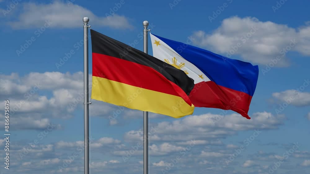 Philippines and Germany flags flying together, video concept of the relationship, two country cooperation concept Philippines and Germany flags flying together, video concept of the relationship, two country cooperation concept