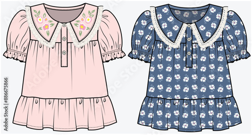 PETER PAN COLLAR WOVEN TOP WITH PUFF SLEEVES DETAIL DESIGNED FOR TODDLER GIRL AND KID GIRL IN VECTOR