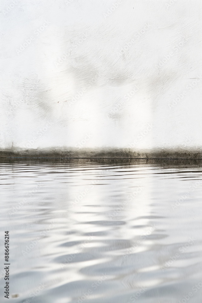 Fototapeta premium Water reflection on gray wall. Calm surface mirrors blue sky above. Perspective from below creates sense of depth and serenity. Perfect for eco, tech, or wellness themes.