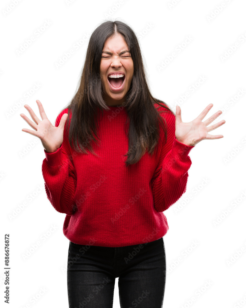 Young beautiful hispanic wearing red sweater celebrating mad and crazy for success with arms raised and closed eyes screaming excited. Winner concept Young beautiful hispanic wearing red sweater celebrating mad and crazy for success with arms raised and closed eyes screaming excited. Winner concept