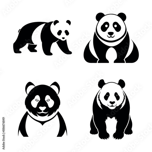 panda bear silhouette Logo design vector template. Panda Icon Illustration black white, Minimal panda logo template animal logo icon adorable panda head logo template