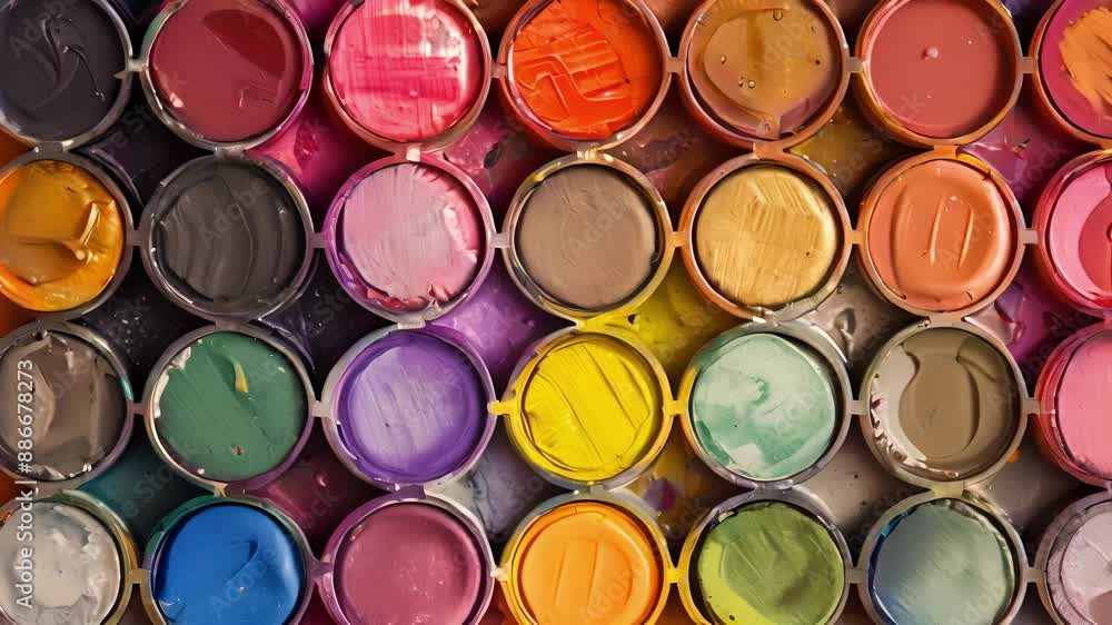 A closeup of a set of watercolor paints capturing the unique texture and vibrancy of each individual pan. A closeup of a set of watercolor paints capturing the unique texture and vibrancy of each individual pan.