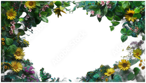 green background with a wreath of flowers and leaves