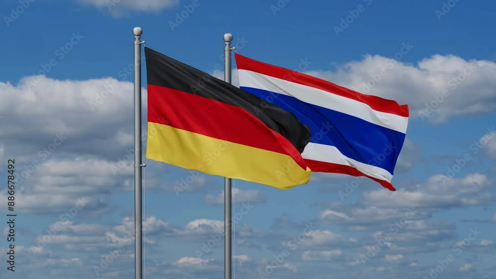 Kingdom of Thailand and Germany flags flying together, video concept of the relationship, two country cooperation concept Kingdom of Thailand and Germany flags flying together, video concept of the relationship, two country cooperation concept