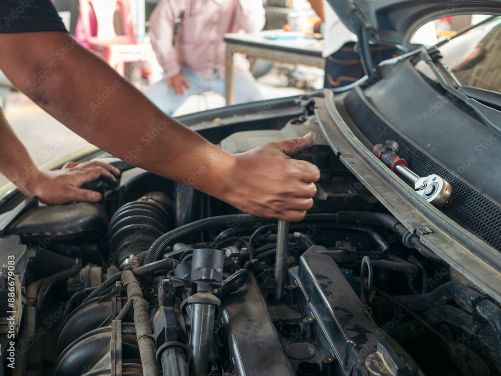 custom made wallpaper toronto digitalClose up Man hands fixing Car machinery vehicle mechanical service. Mechanic man hands repairing car auto repair shop. open vehicle hood checking up auto mobile. Vehicle Car maintenance engineer.