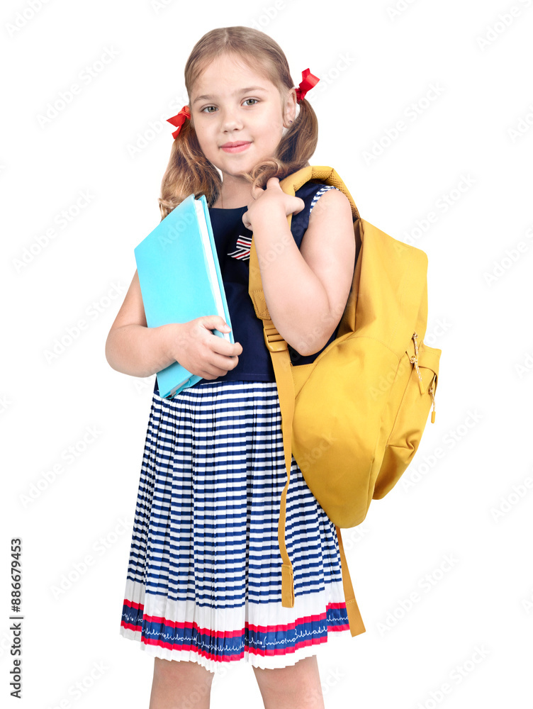 Caucasian child girl with backpackholding a book. Pupil. Back to school concept. Kid with schoolbag. Caucasian child girl with backpackholding a book. Pupil. Back to school concept. Kid with schoolbag.