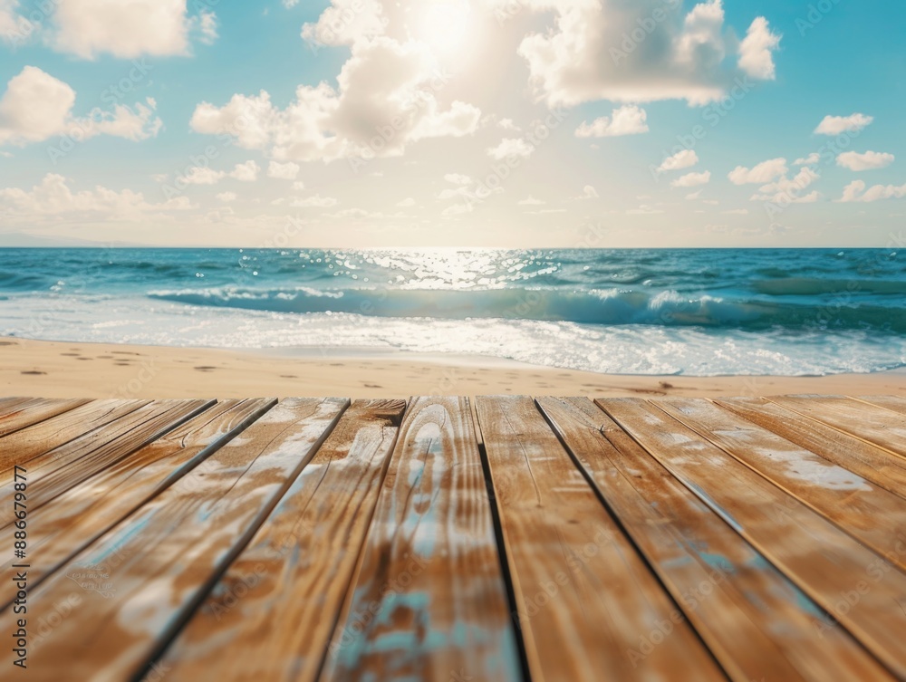A wooden deck overlooking the vast blue ocean, perfect for relaxing and taking in the breathtaking views A wooden deck overlooking the vast blue ocean, perfect for relaxing and taking in the breathtaking views