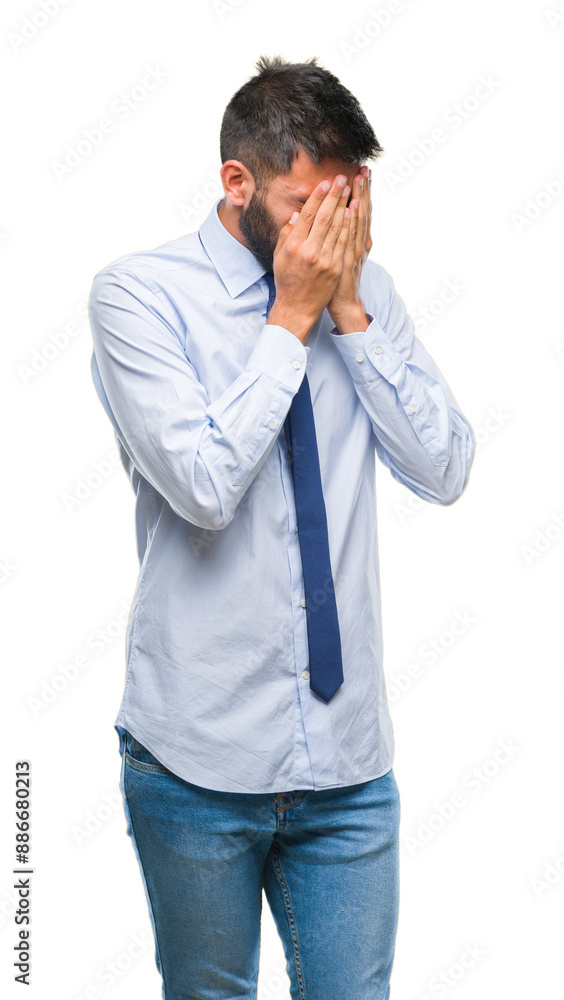 Adult hispanic business man over isolated background with sad expression covering face with hands while crying. Depression concept. Adult hispanic business man over isolated background with sad expression covering face with hands while crying. Depression concept.