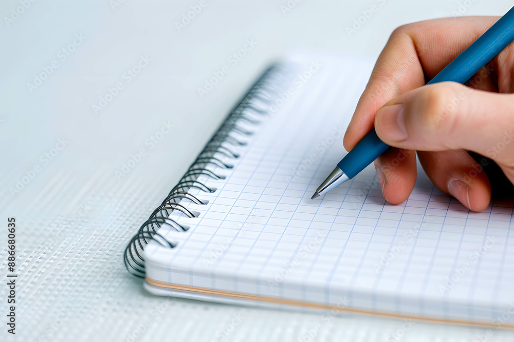 Influencer’s hand writing content plan on a notepad, setting goals and planning content creation before work Influencer’s hand writing content plan on a notepad, setting goals and planning content creation before work
