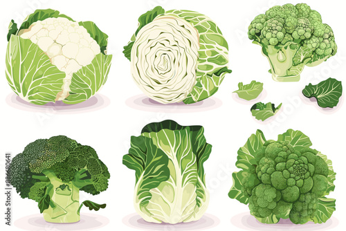 Set of cabbage, salad, broccoli and cauliflower in different types isolated on white. Vector illustration