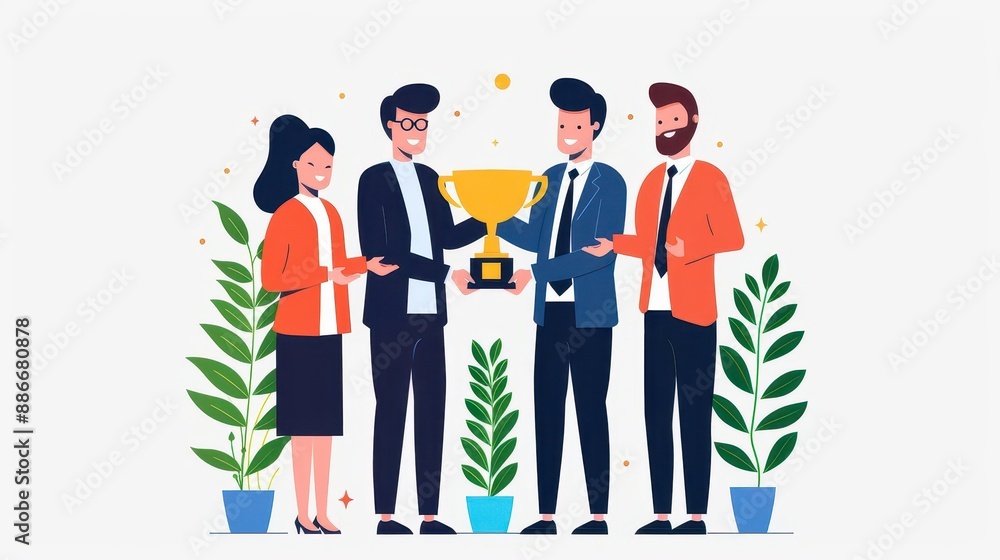 A diverse team of business professionals celebrate a victory, holding a golden trophy. They stand together, showcasing unity and success. A diverse team of business professionals celebrate a victory, holding a golden trophy. They stand together, showcasing unity and success.