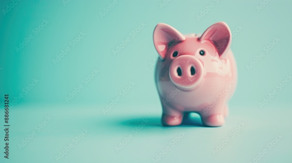 Close up of piggy bank on light blue background with text space Close up of piggy bank on light blue background with text space