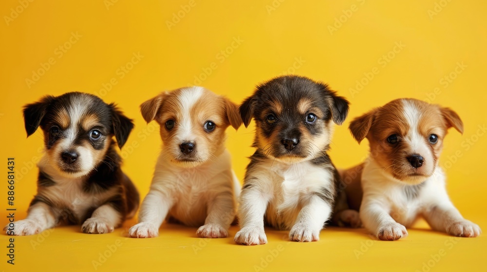 Close up portrait of one year old puppies on a yellow backdrop Close up portrait of one year old puppies on a yellow backdrop