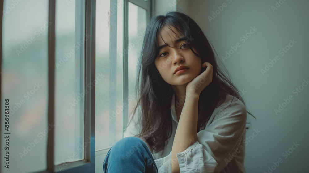 Reflective Indonesian Young Woman Gazing Out a Window in Contemplation, Natural Light Portrait for Emotional Stock Photography Reflective Indonesian Young Woman Gazing Out a Window in Contemplation, Natural Light Portrait for Emotional Stock Photography