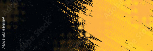Black and yellow abstract background with brush stroke and halftone style. abstract grunge