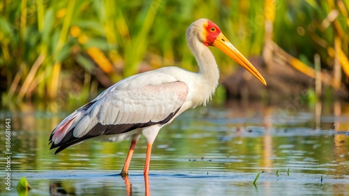 Yellow-billed stork (Mycteria ibis), sometimes also called the wood stork or wood ibis, is a large African wading stork species in the family Ciconiidae. photo