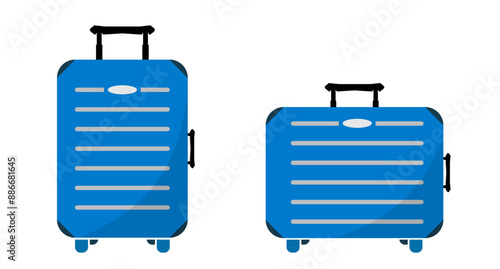Bag, baggage set blue vector icon on white background. Holiday travel symbol, blue luggage set to use for summer journey, travel, transportation illustration projects.