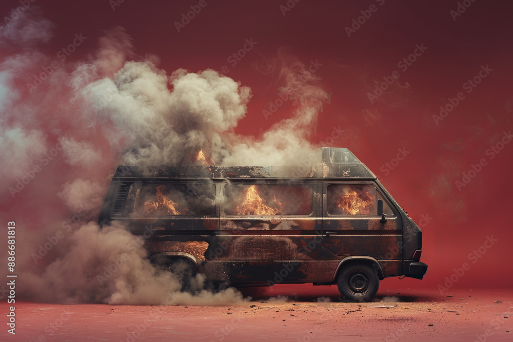 A van in flames, with thick smoke swirling around, isolated on a maroon background. The deep, rich color highlights the dramatic scene of the burning vehicle. A van in flames, with thick smoke swirling around, isolated on a maroon background. The deep, rich color highlights the dramatic scene of the burning vehicle.