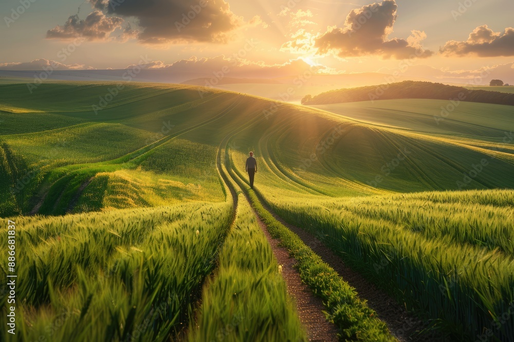 Fototapeta premium Solitary Figure Walking Through Rolling Fields at Sunset