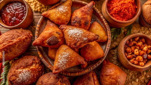 Mandazi is a slightly sweet East African Street Food; Horizontal top view from above