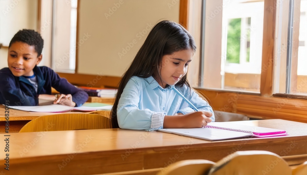 Two young students, a girl and a boy, focused on their work in a classroom setting Two young students, a girl and a boy, focused on their work in a classroom setting