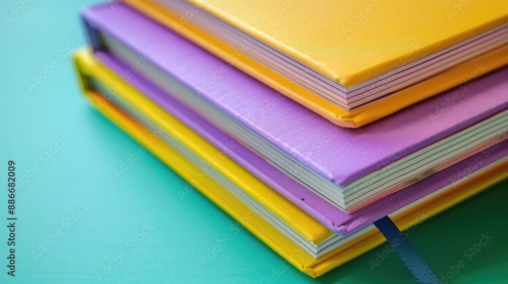 Colorful stack of notebooks with yellow purple and green hues Space for writing Colorful stack of notebooks with yellow purple and green hues Space for writing