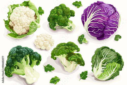 Set of cabbage, salad, broccoli and cauliflower in different types isolated on white. Vector illustration