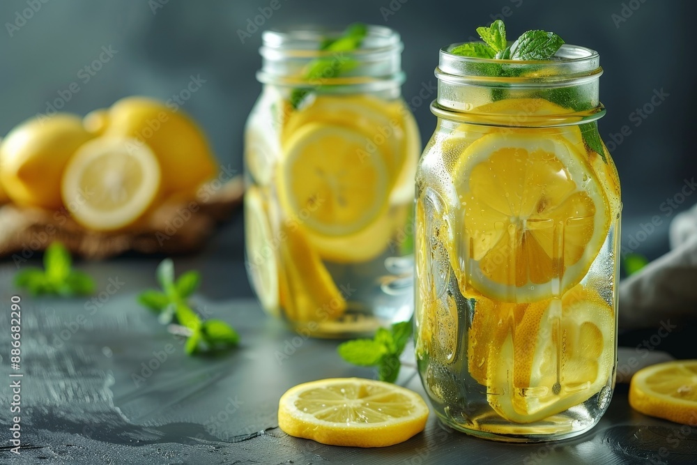 Lemonade in jars with lemon slices and mint Lemonade in jars with lemon slices and mint