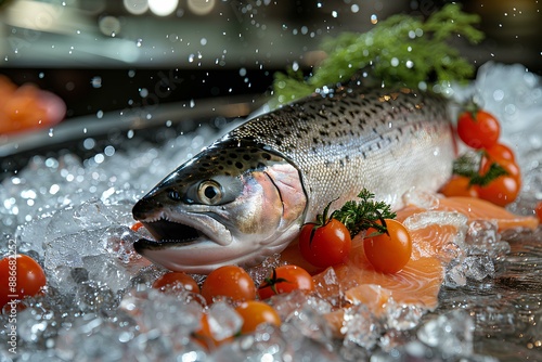 A fish on ice with tomatoes and lettuce