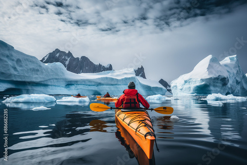 Frosty antarctic day landscape tourists expedition with polar animals extreme hiking Generative AI image