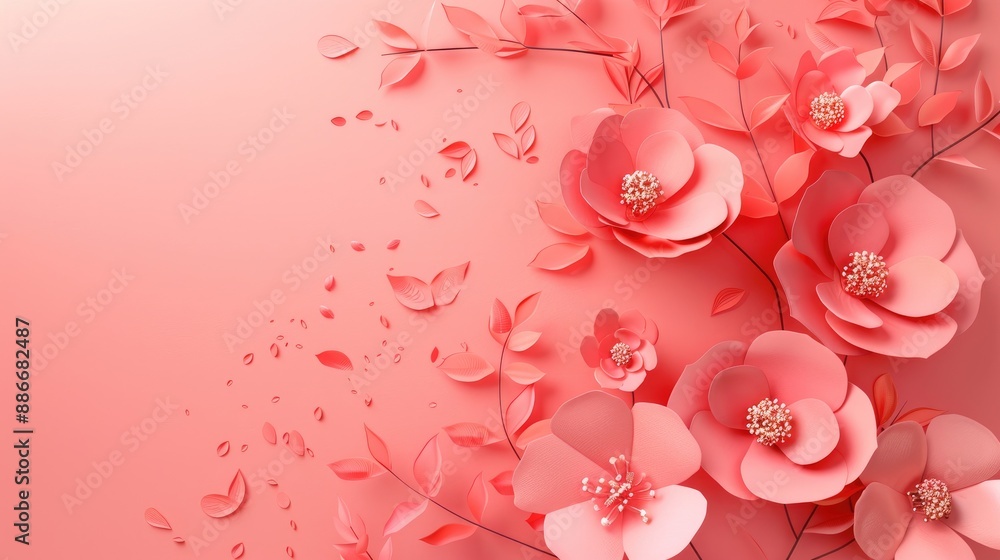 Coral Pink Flower on Paper Background Template with Copy Space for Design Coral Pink Flower on Paper Background Template with Copy Space for Design