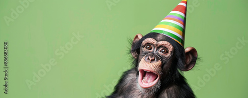 A playful monkey wearing a striped birthday party hat, isolated on a bright green background, making a funny face.