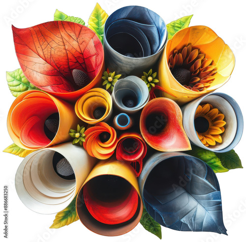 bunch of rolled up paper flowers with leaves