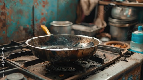 Drying old cooking pan on gas stove in urban kitchen © LukaszDesign