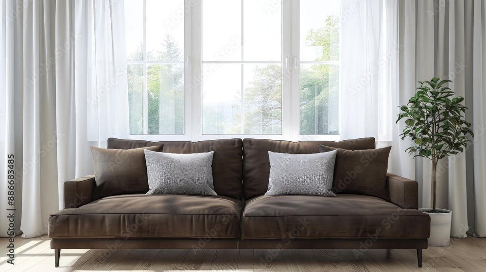 Elegant Empty Brown Couch in Living Room with White Curtains and Glass Windows in Background Elegant Empty Brown Couch in Living Room with White Curtains and Glass Windows in Background