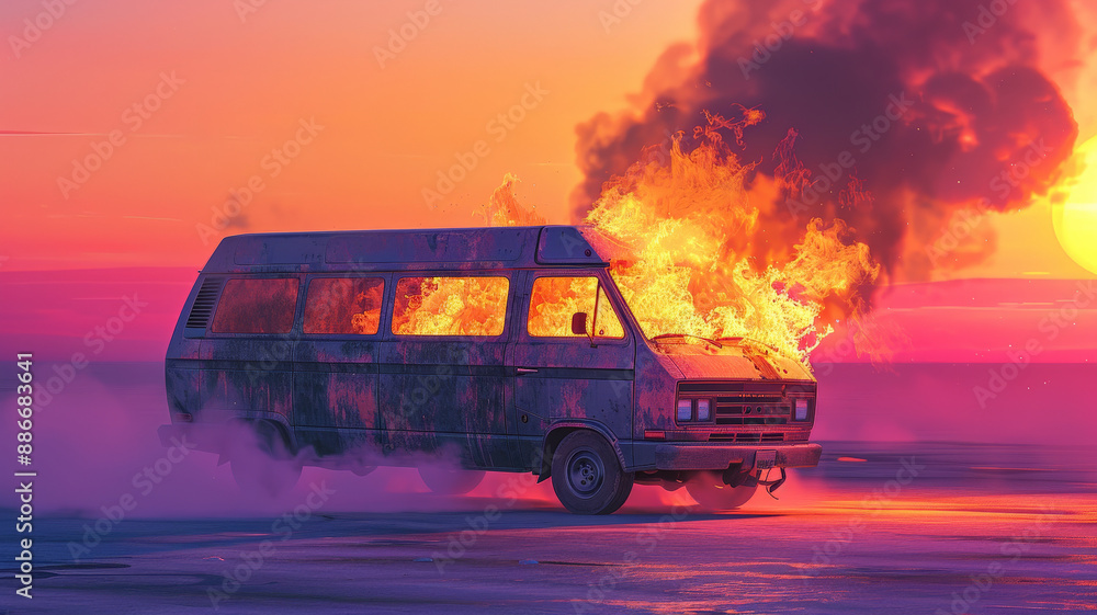 Obraz premium A burning van with roaring flames and dark smoke, isolated on a sunset gradient background from
