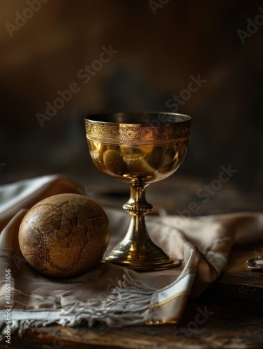 A golden goblet sits on a wooden table, ready for use or display