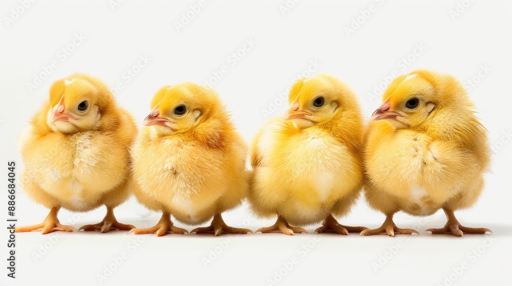 Four fluffy yellow chickens together on a white background Four fluffy yellow chickens together on a white background