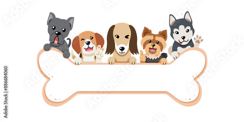 Cartoon cute different breeds of dogs with bone sign for design.