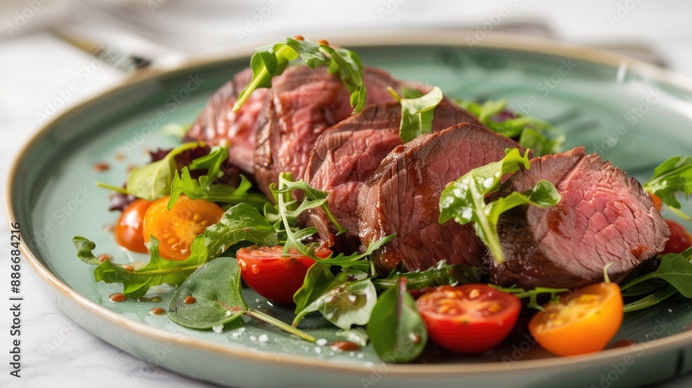 Fresh topside beef with watercress salad and tomatoes in a studio photo Fresh topside beef with watercress salad and tomatoes in a studio photo