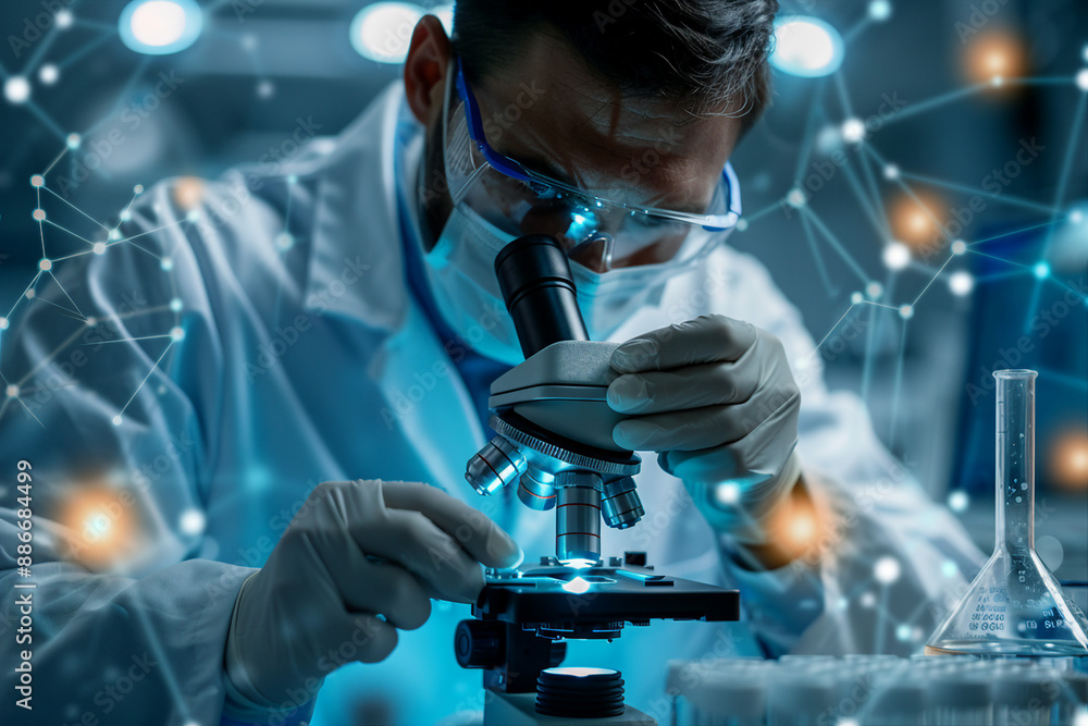 Male scientist working on study in laboratory for medical research analysis made with generative ai Male scientist working on study in laboratory for medical research analysis made with generative ai