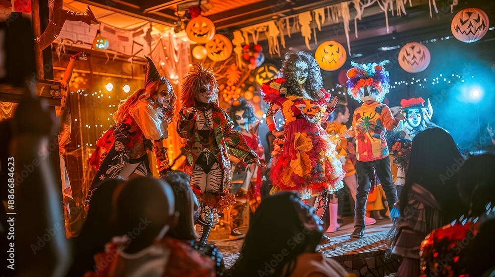 A group of people dressed in costumes are performing on stage in Halloween A group of people dressed in costumes are performing on stage in Halloween