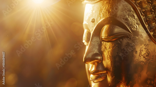  the sun shines on the golden Buddha statue