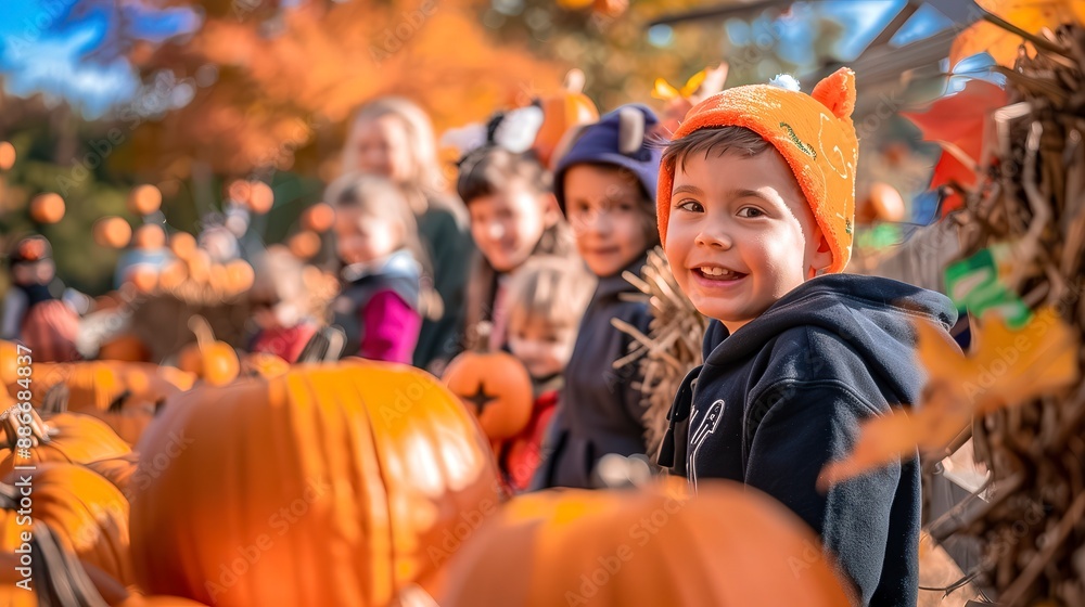 A group of children are posing in front of pumpkins A group of children are posing in front of pumpkins