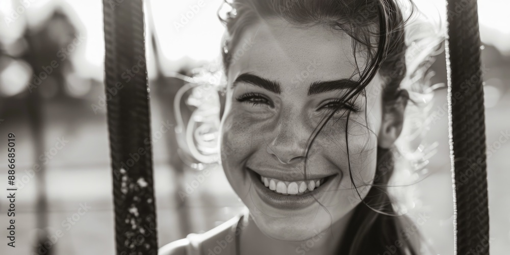 Obraz premium A person smiling while sitting on a swing