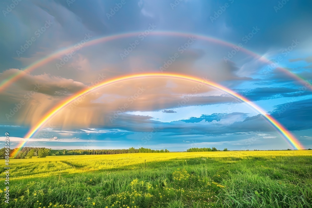 Naklejka premium Double Rainbow Over a Lush Meadow