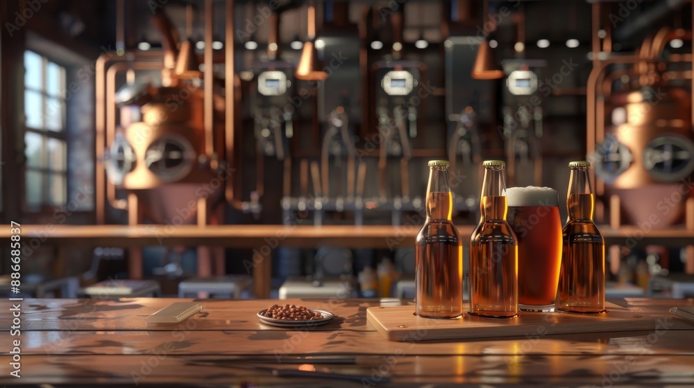 Brewing Masterpieces Craft Beer Bottles Flight of Samples and Brewing Equipment in a Vibrant Brewery Scene Brewing Masterpieces Craft Beer Bottles Flight of Samples and Brewing Equipment in a Vibrant Brewery Scene