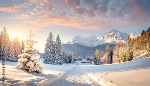 Verschneite Winterlandschaft mit Bergen 