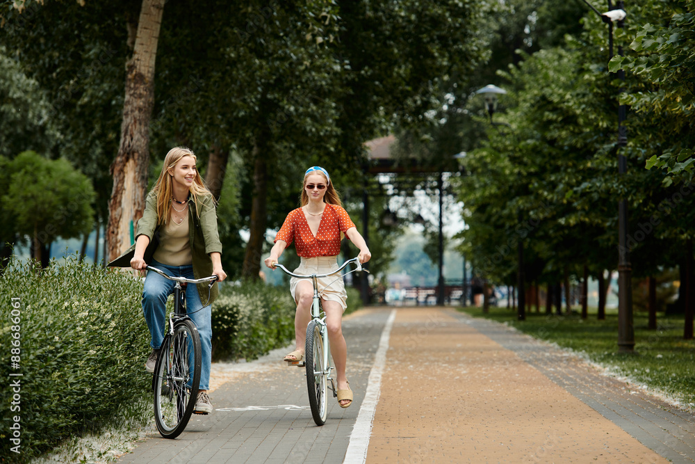 Two young women ride bicycles side-by-side on a paved path through a lush green park. Two young women ride bicycles side-by-side on a paved path through a lush green park.